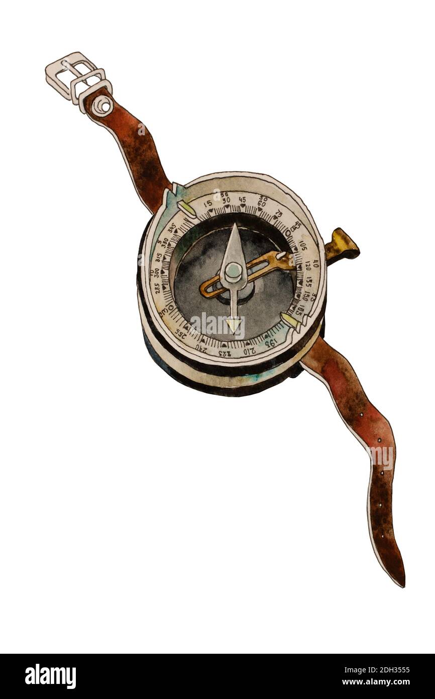Boussole touristique soviétique à l'ancienne sur bracelet cuir aquarelle peinture isolé Banque D'Images