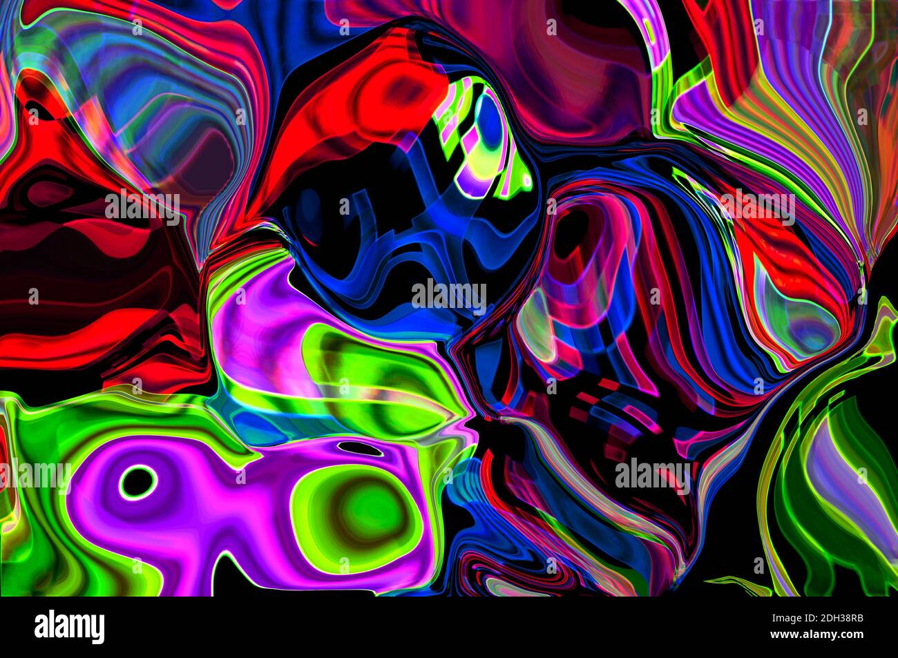 Arrière-plan abstrait, motif psychédélique dans les couleurs fluo d'une chienne numérique. Banque D'Images