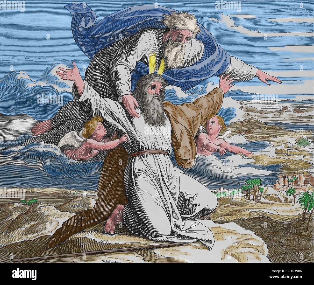 Dieu montre à Moïse la terre promise. Dueronomie; chapitre 34. Gravure de Julius Schnorr von Carolsfeld (1794-1872). Banque D'Images