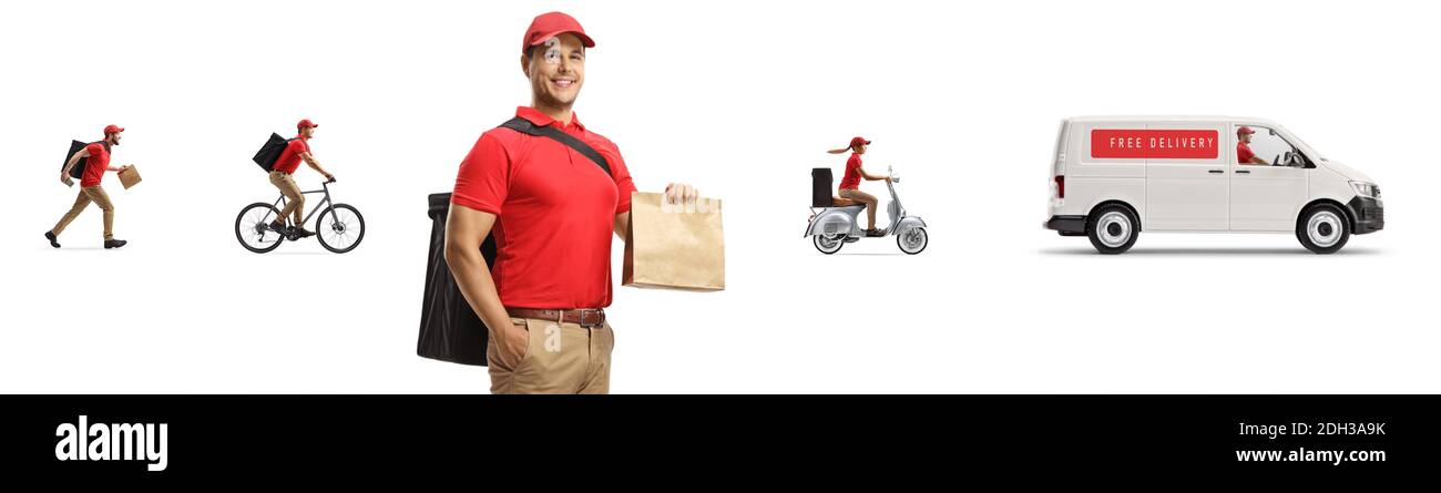 Service de livraison de nourriture avec des personnes livrant des aliments à emporter isolés sur arrière-plan blanc Banque D'Images