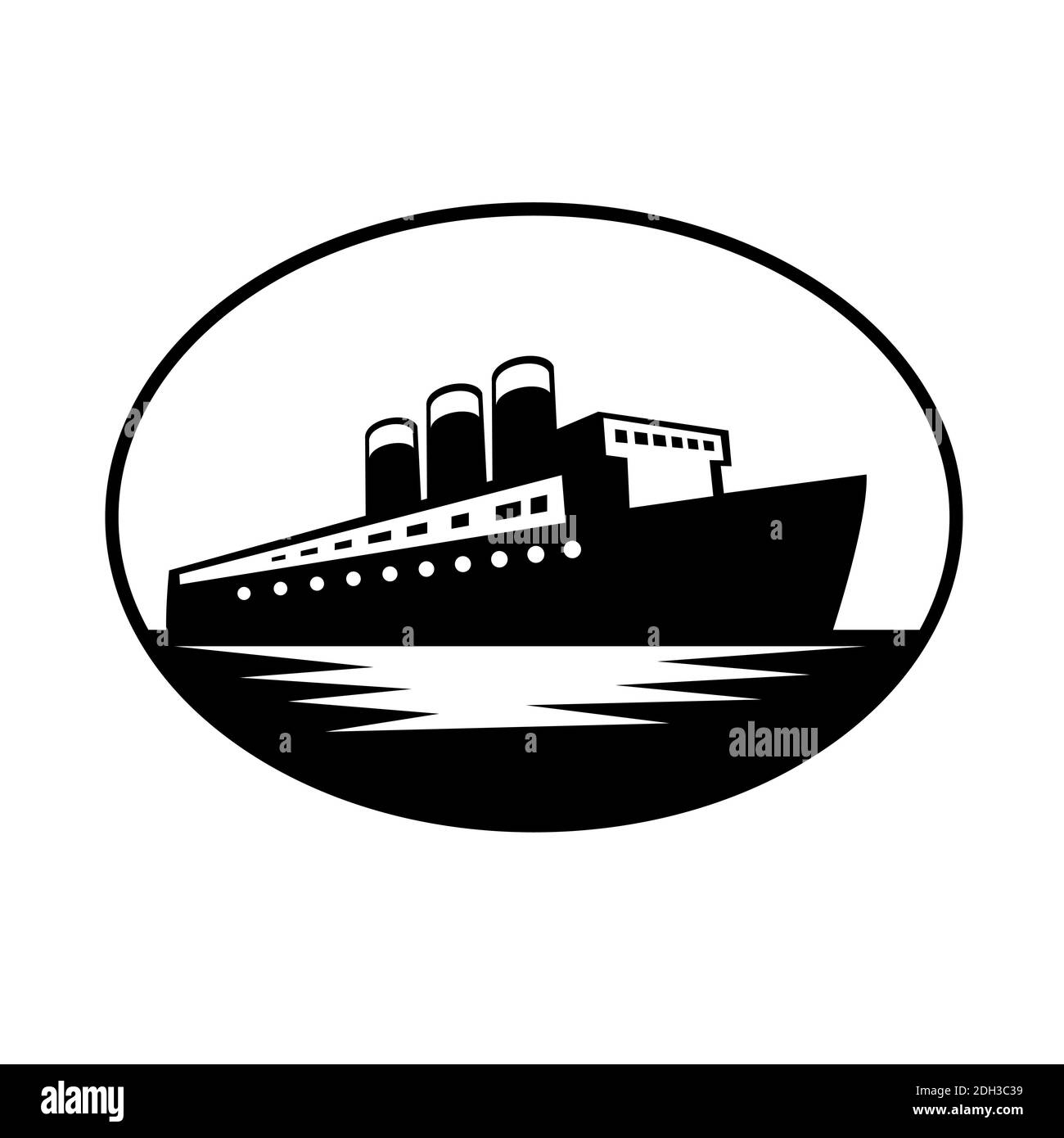 Vintage Passenger Boat ou Ocean Liner Oval Retro Black et Blanc Banque D'Images