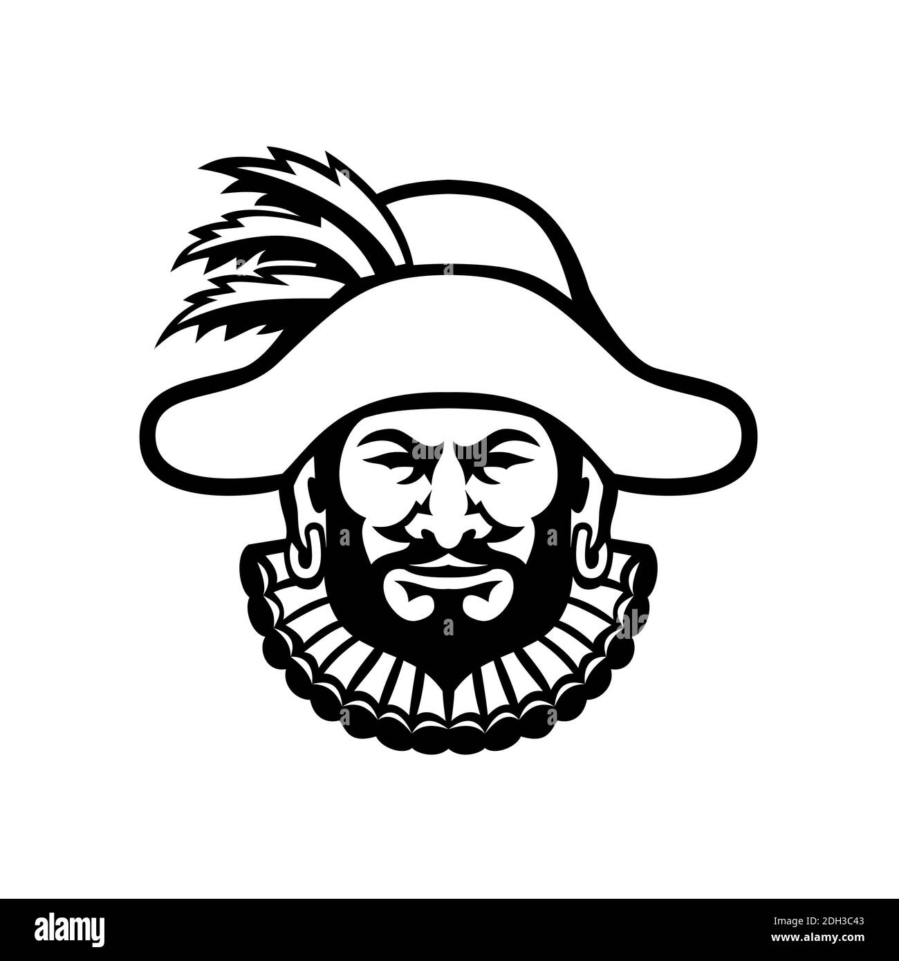 Tête d'une mascotte médiévale en front de Minstrel noir et blanc Banque D'Images
