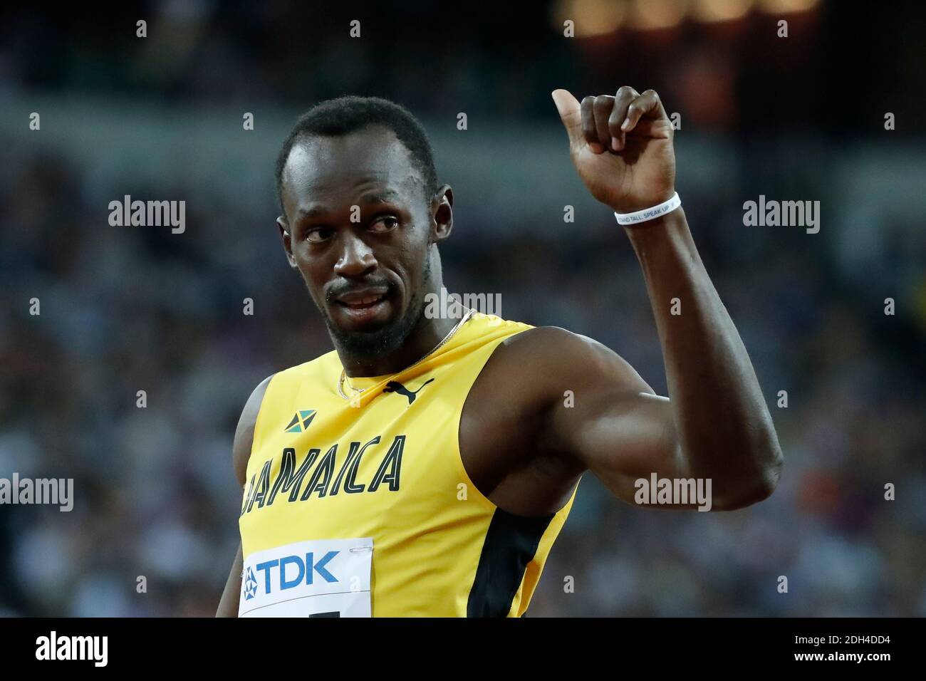 La Jamaïque Usain Bolt dans le 100m chaleur masculine six pendant le premier jour des Championnats du monde de l'IAAF 2017 au stade de Londres, Royaume-Uni, 4 août 2017. Photo de Henri Szwarc/ABACAPRESS.COM Banque D'Images