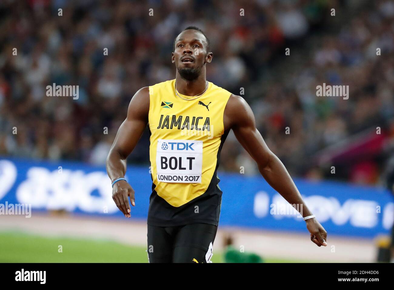 La Jamaïque Usain Bolt dans le 100m chaleur masculine six pendant le premier jour des Championnats du monde de l'IAAF 2017 au stade de Londres, Royaume-Uni, 4 août 2017. Photo de Henri Szwarc/ABACAPRESS.COM Banque D'Images