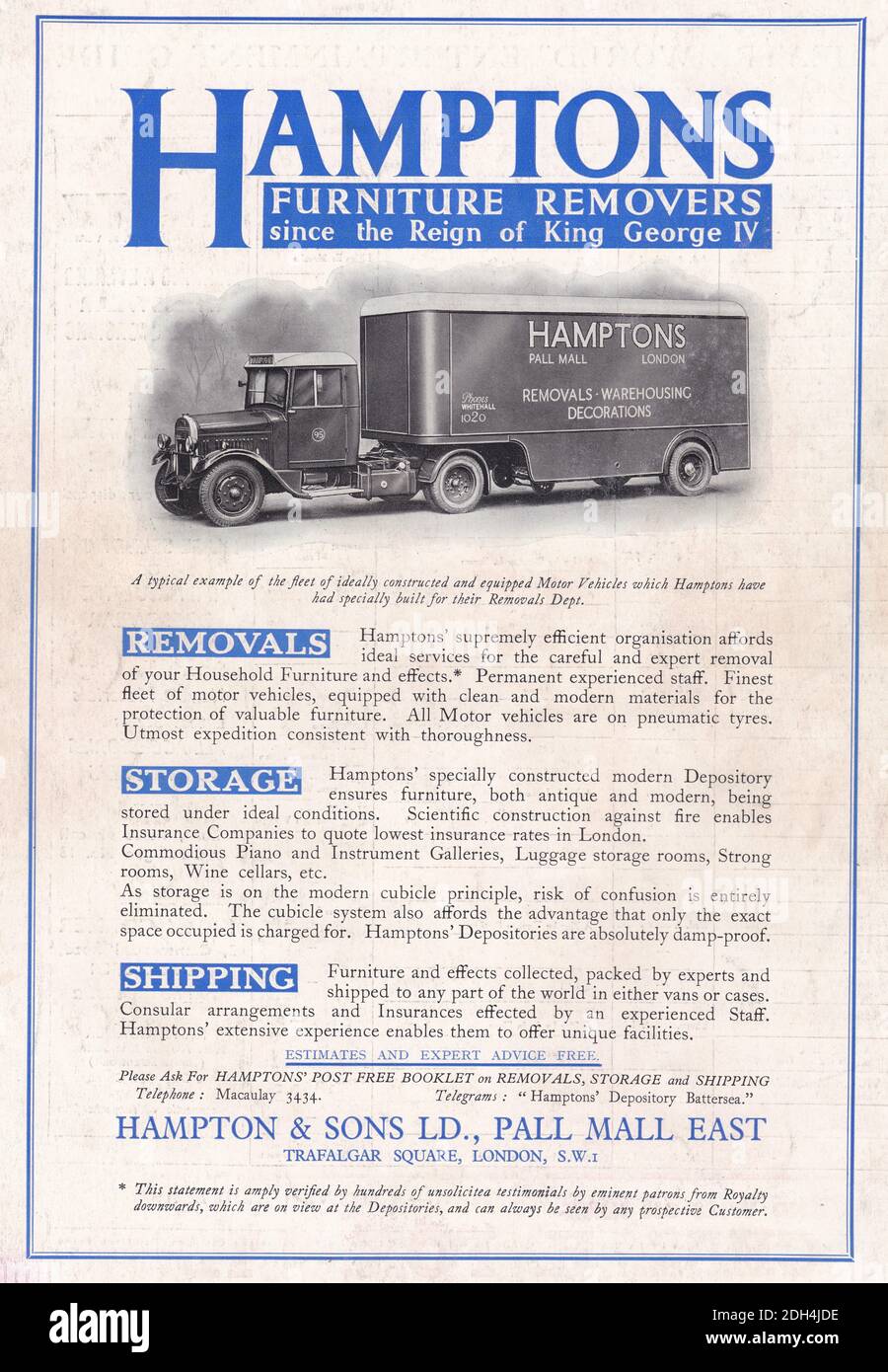 Publicité vintage pour Hampton & Sons ltd, Pall Mall, Trafalgar Square, Londres, SW1. publicité des années 1930 Banque D'Images