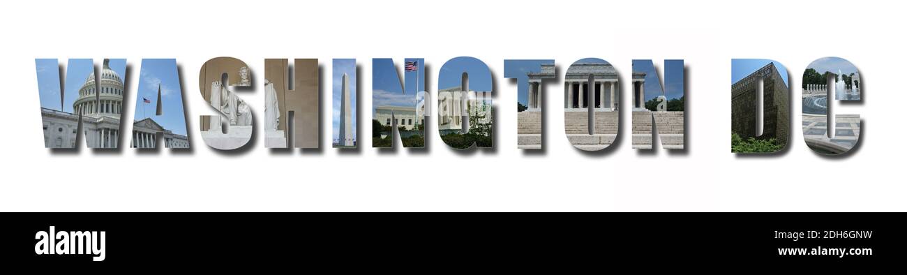 Collage de monuments et de monuments de Washington DC, texte avec ombre, isolé sur blanc Banque D'Images