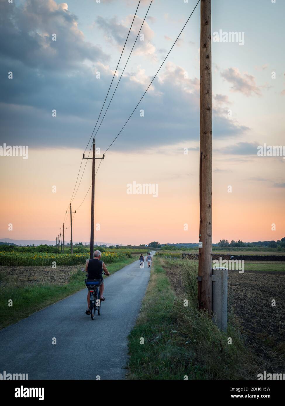 Cycliste sur une route jusqu'au coucher du soleil Banque D'Images