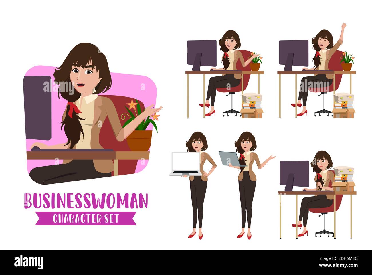Femme d'affaires dans un jeu de caractères de bureau. Femme d'affaires personnages féminins assis dans le bureau et se préparant à la présentation de démonstration pour le bureau Illustration de Vecteur