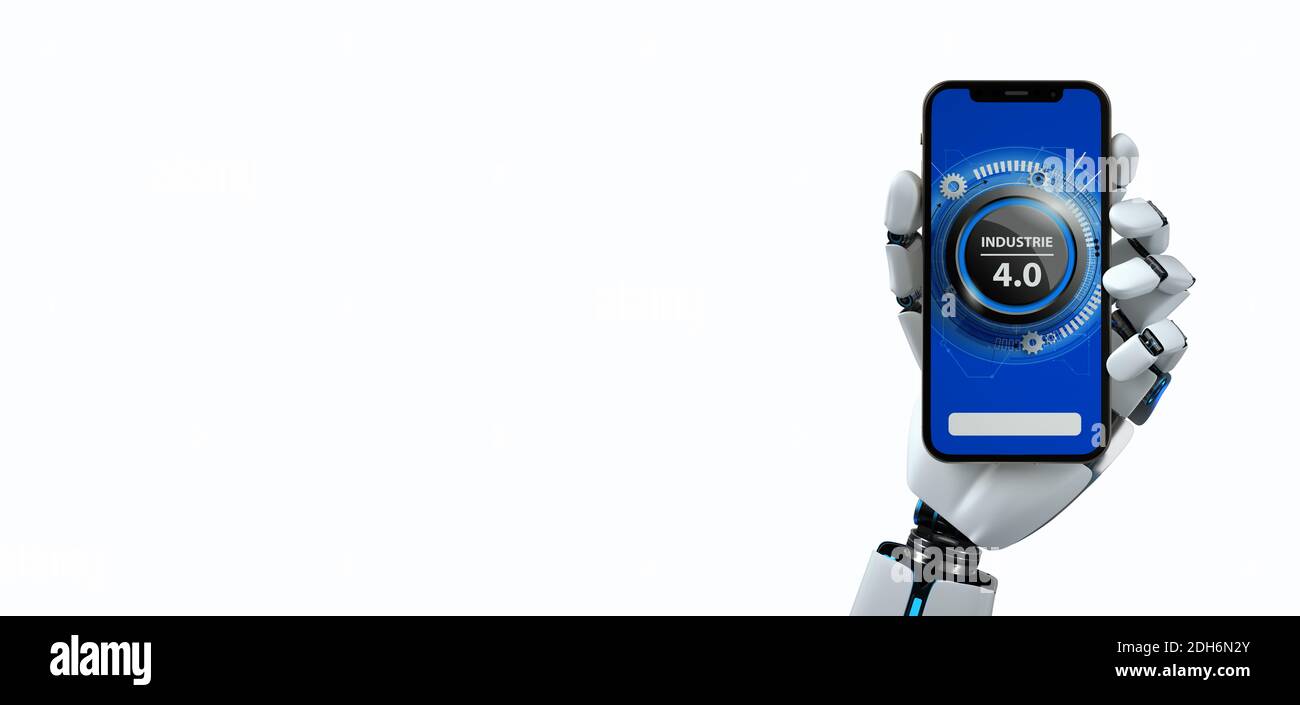 Industrie 4.0 - main robot humanoid cliquez sur smartphone Banque D'Images