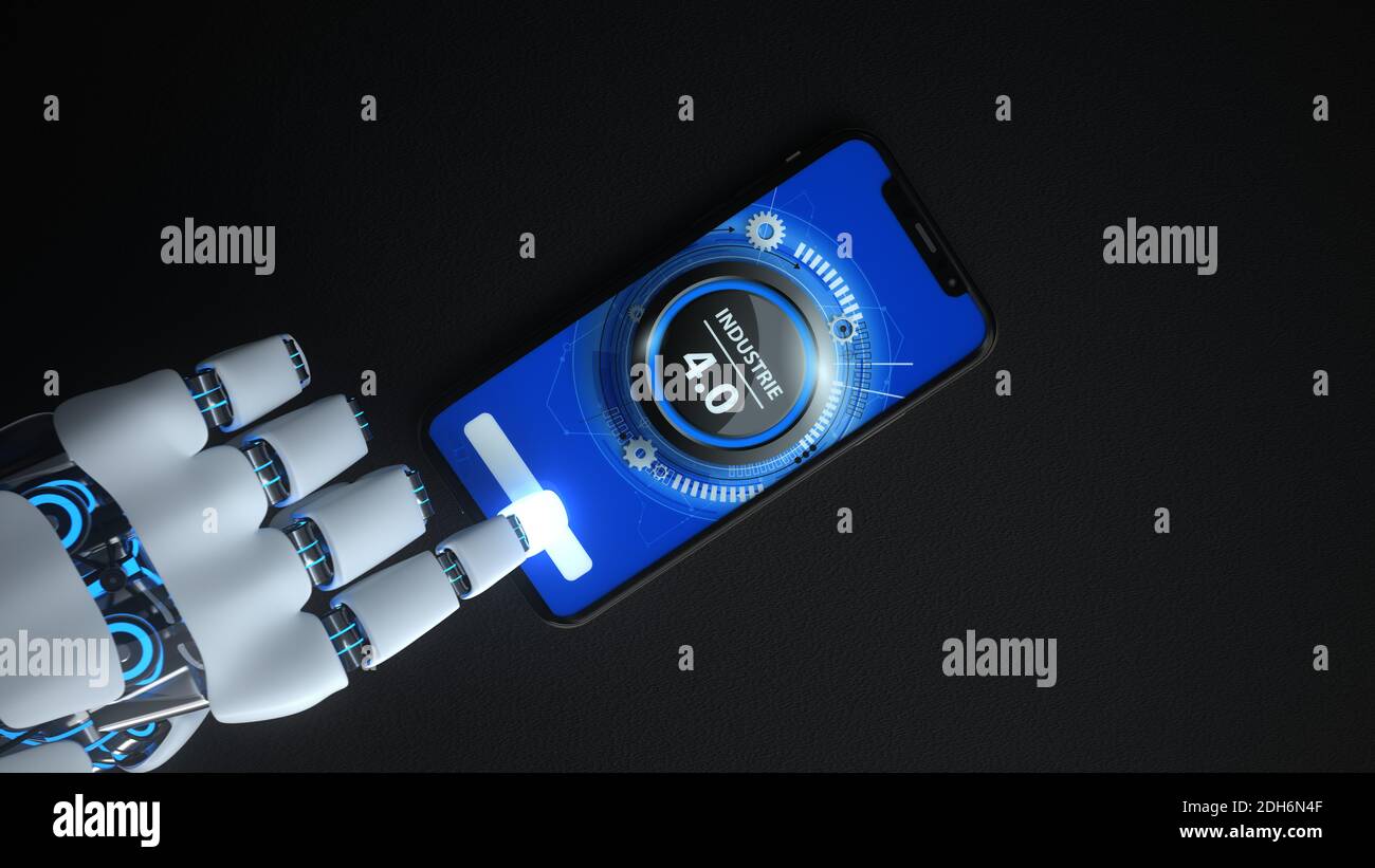 Industrie 4.0 - main robot humanoid cliquez sur smartphone Banque D'Images