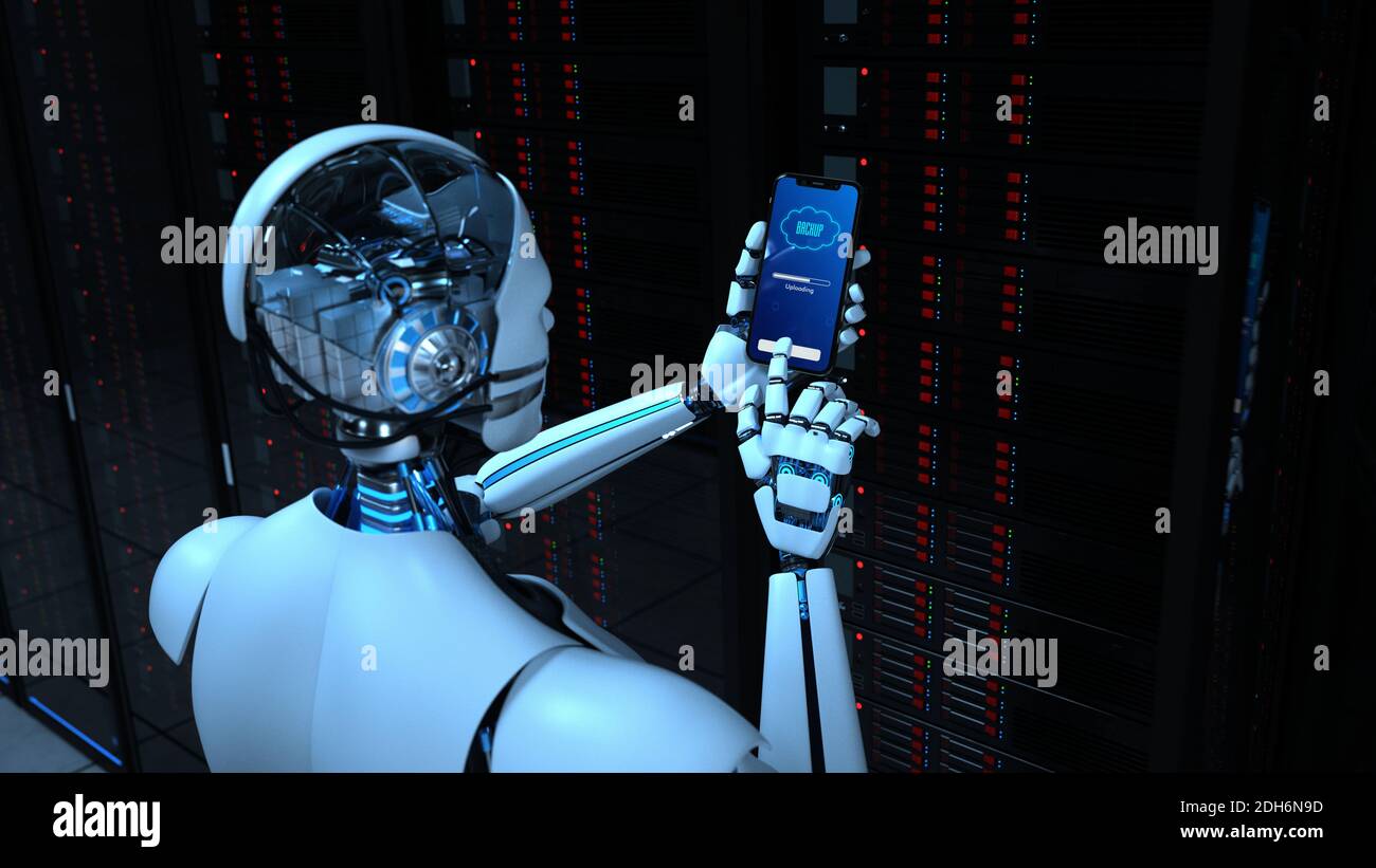 Sauvegarde du centre de données du smartphone robot humanoid Banque D'Images