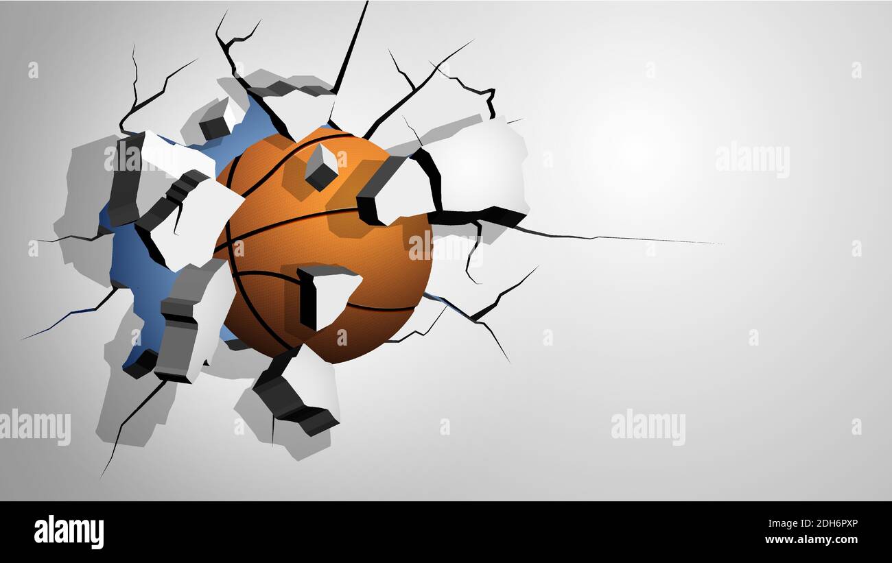 le ballon de basket-ball orange est perforé à travers le mur et se brise en éclats, fissures sur le mur. Infliger des dommages importants. Vecteur Illustration de Vecteur