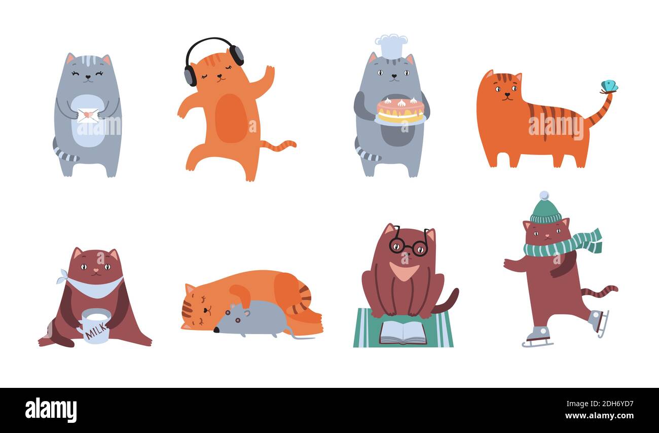 Kit icône plat chats mignon. Personnages félins moelleux assis, dormant, dansant, jouant, lisant, buvant une collection d'illustrations vectorielles isolées. Dôme Illustration de Vecteur