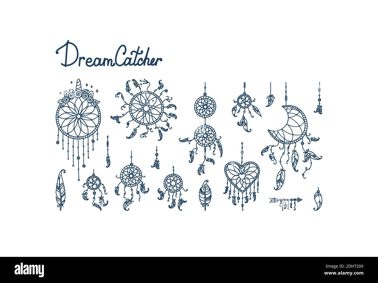 Boho dreamcapchers avec plumes et flèche. Grand ensemble avec des rêveurs en forme de croissant de lune, de coeur et de cercles. Illustration vectorielle dans doodle Illustration de Vecteur