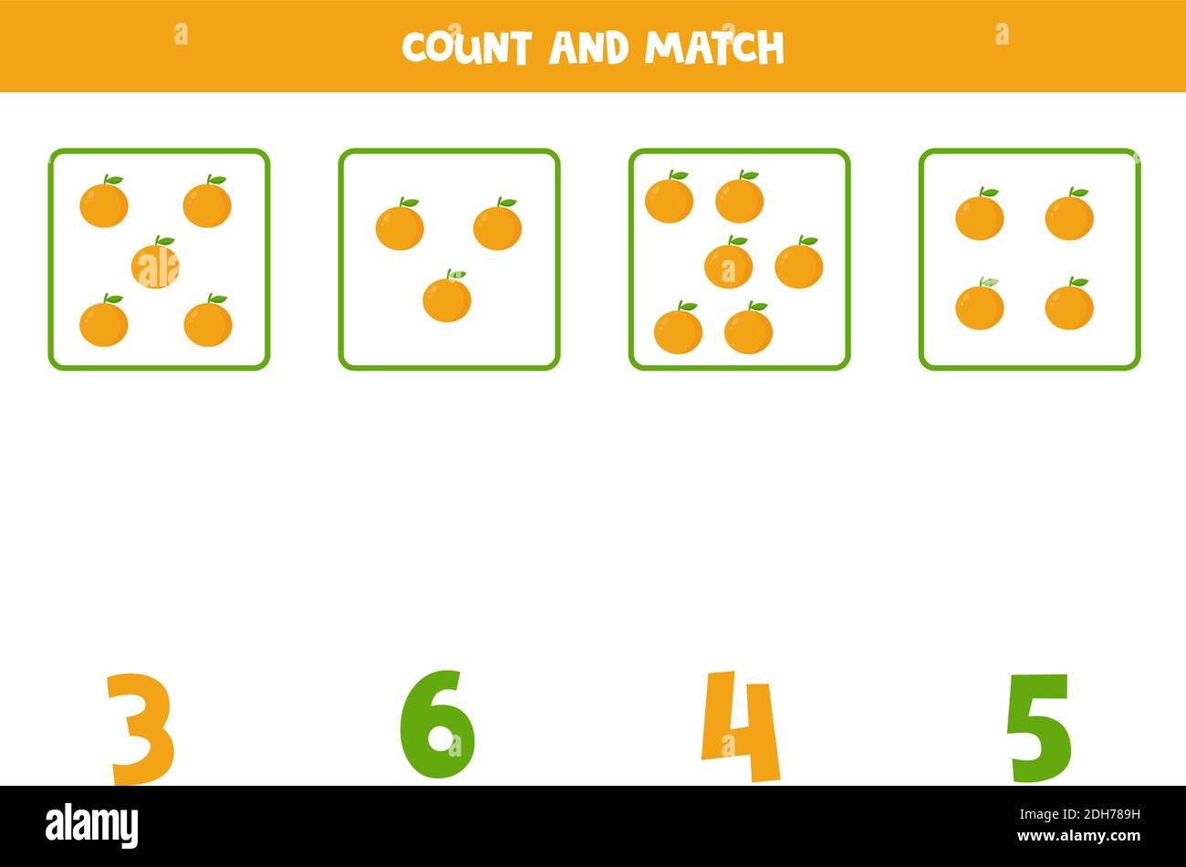 Compter toutes les oranges et les faire correspondre avec la bonne réponse. Jeu de mathématiques éducatif pour les enfants. Illustration de Vecteur