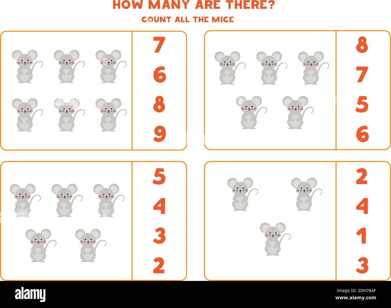 Compter toutes les souris et entourer la bonne réponse. Jeu de mathématiques pour enfants d'âge préscolaire. Illustration de Vecteur