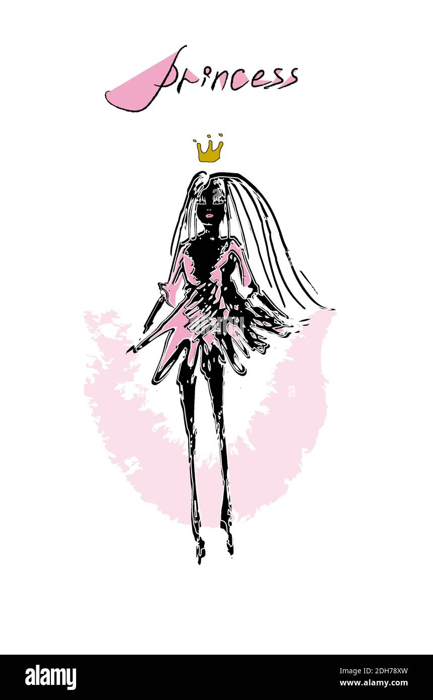 Illustration d'une silhouette de princesse avec une couronne dans une robe rose.esquisse. Illustration vectorielle Illustration de Vecteur