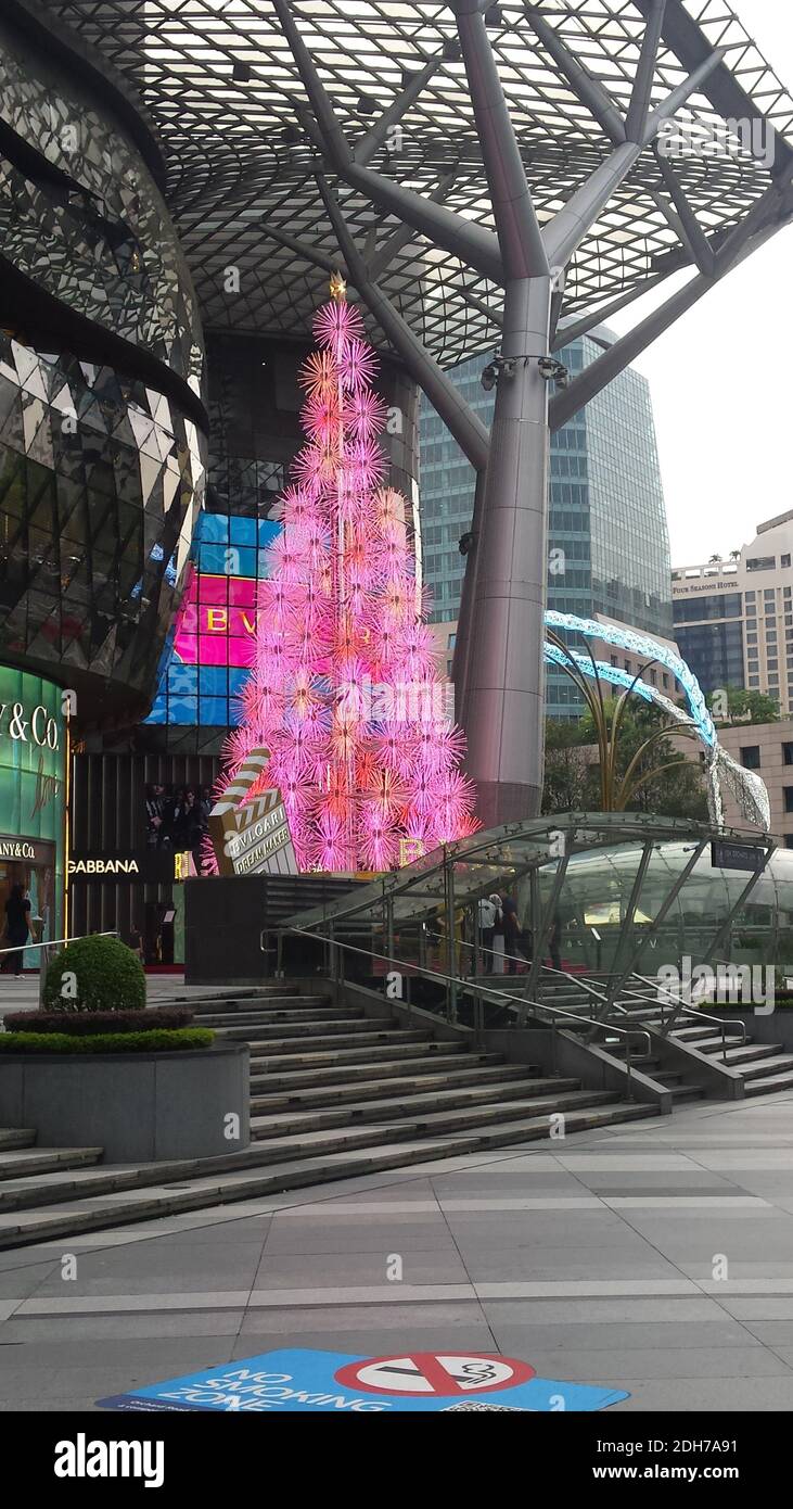 SINGAP, SINGAPOUR - 11 novembre 2019 : un arbre de Noël électrique rose, illuminé le jour devant un centre commercial pour les principales marques sur Orchard Road, S. Banque D'Images