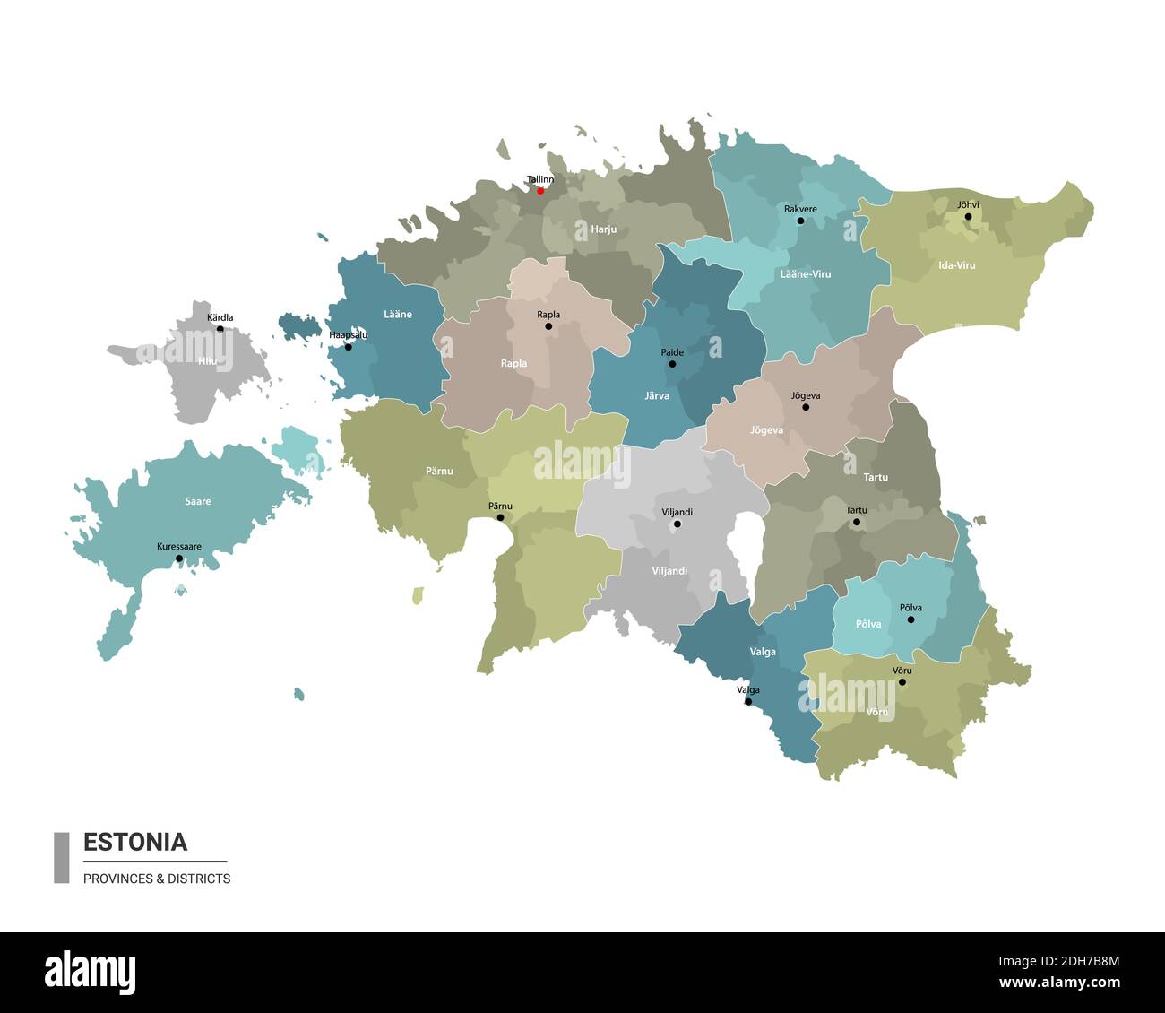 Estonie higt carte détaillée avec subdivisions. Carte administrative de l'Estonie avec le nom des districts et des villes, coloré par les États et les distri administratifs Illustration de Vecteur