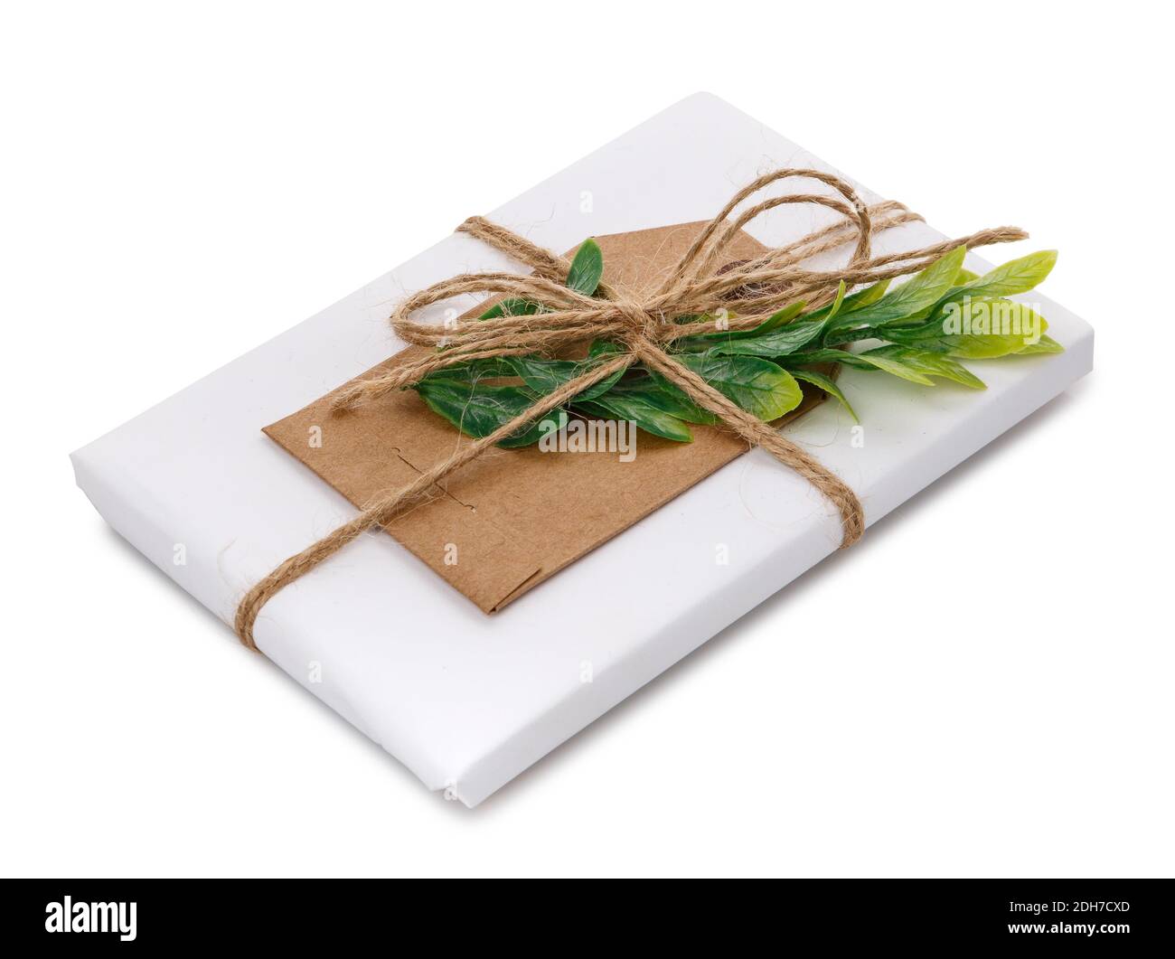 Boîte cadeau de style naturel avec ruban en toile de jute et une branche de verdure. Isolé avec un masque sur fond blanc. Banque D'Images