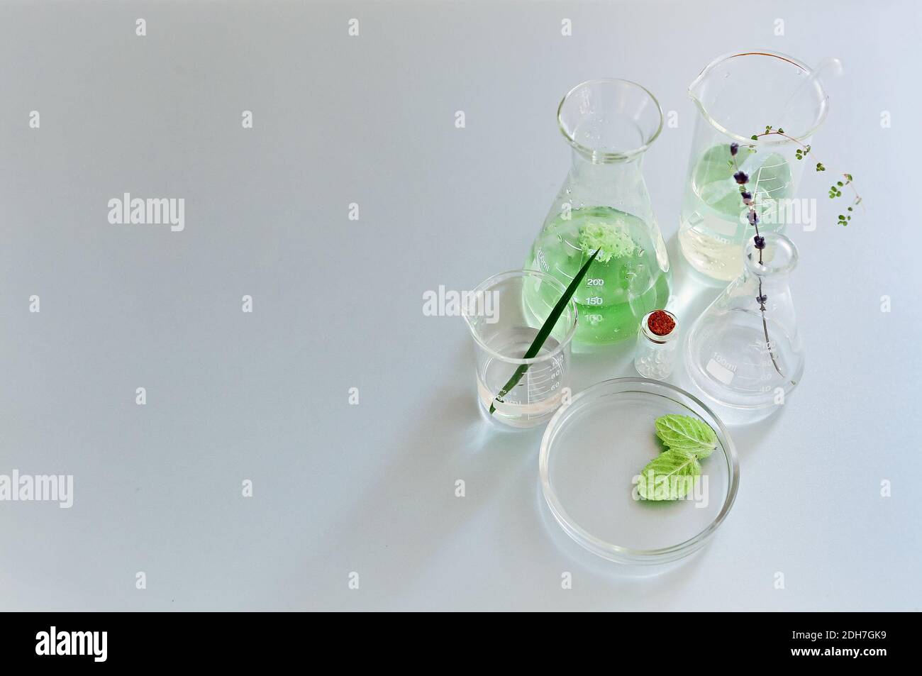 Différents flacons sur table en laboratoire Banque D'Images