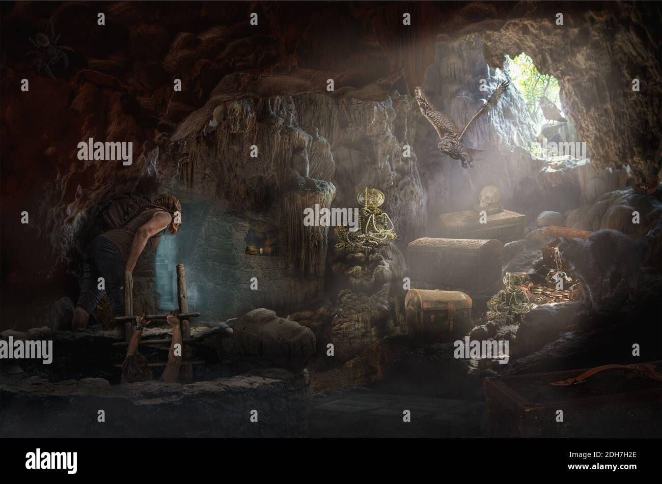 Explorateurs dans une fabuleuse grotte aux trésors Banque D'Images