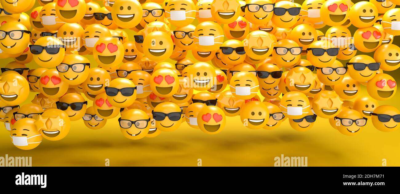 rendu 3d d'un ensemble de six émoticônes différentes de visage emoji. Taille de la bannière Web. Banque D'Images