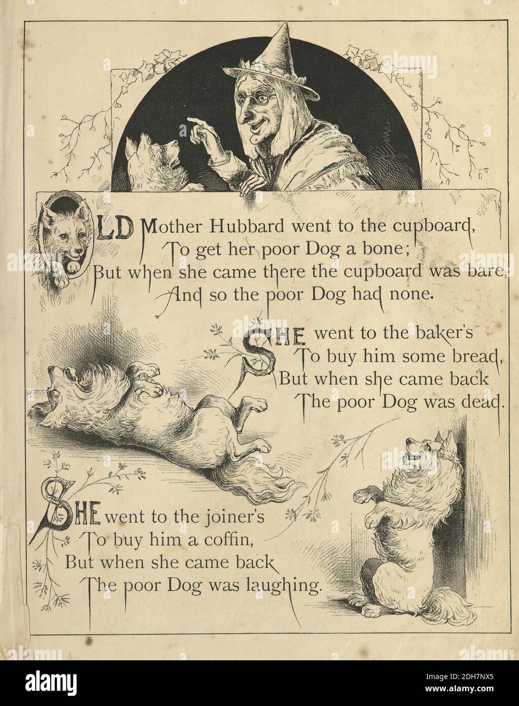 Illustration vintage d'une scène de la vieille mère Hubbard une comptine de langue anglaise. Pour faire un os à son pauvre chien Banque D'Images