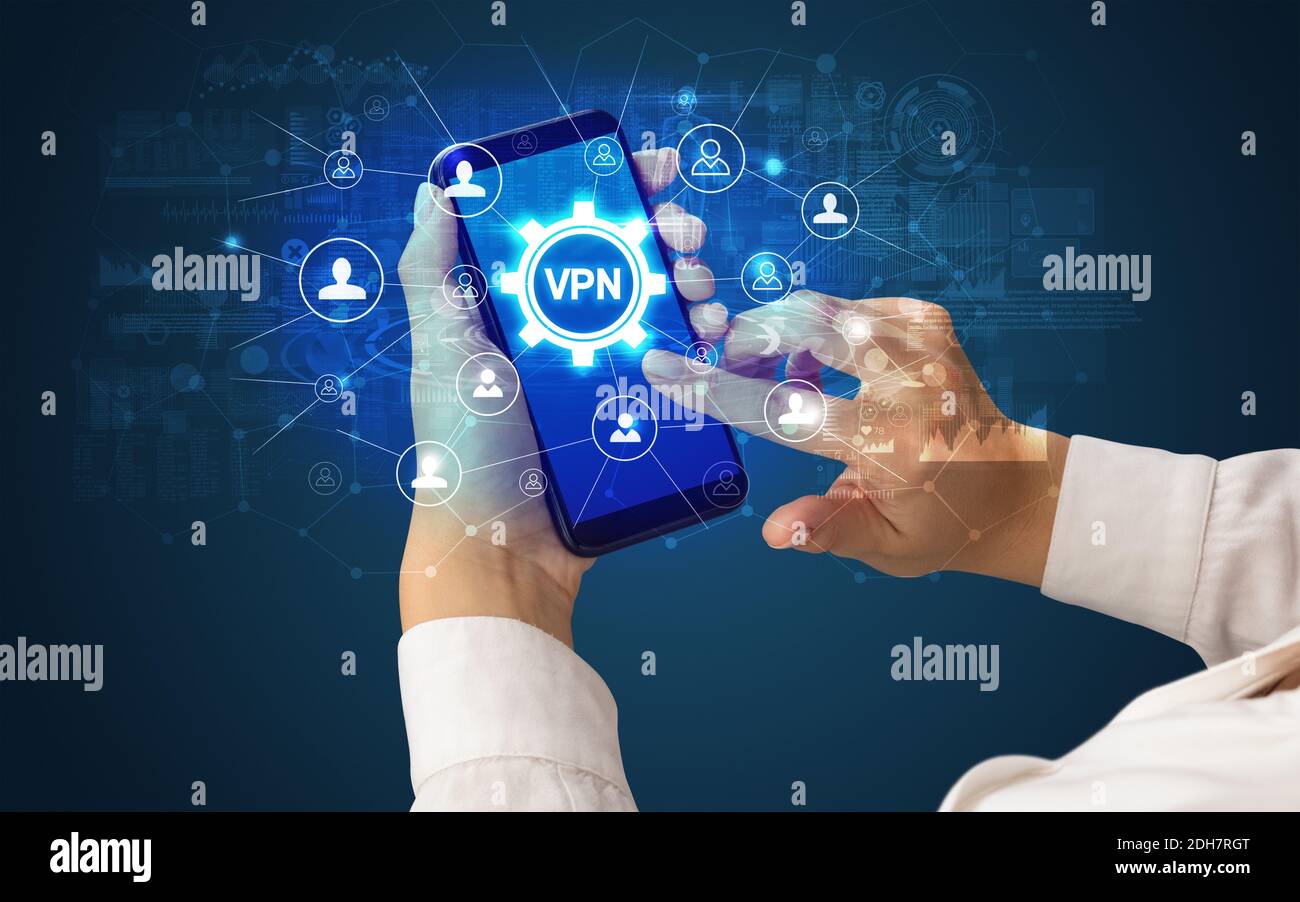 Femme hand holding smartphone avec abréviation VPN, la technologie moderne concept Banque D'Images