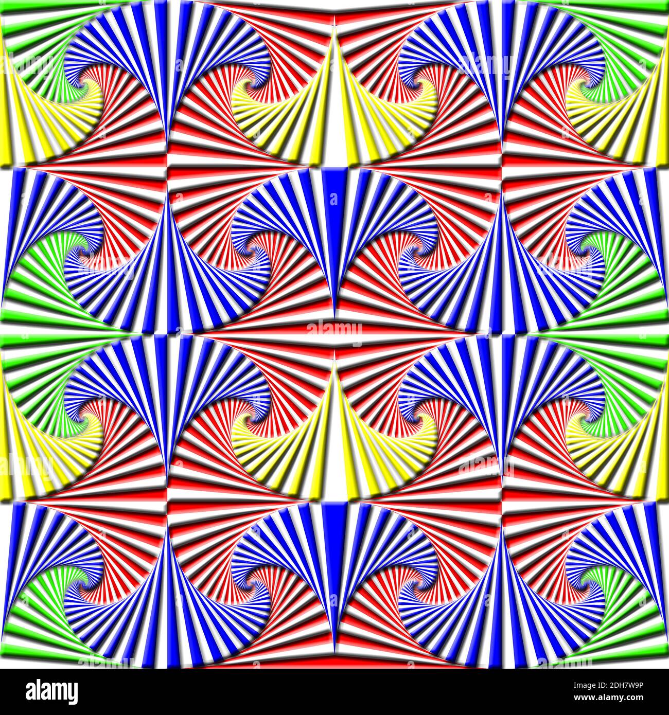 Répétition uniforme des carrés de couleur primaire en spirale Banque D'Images