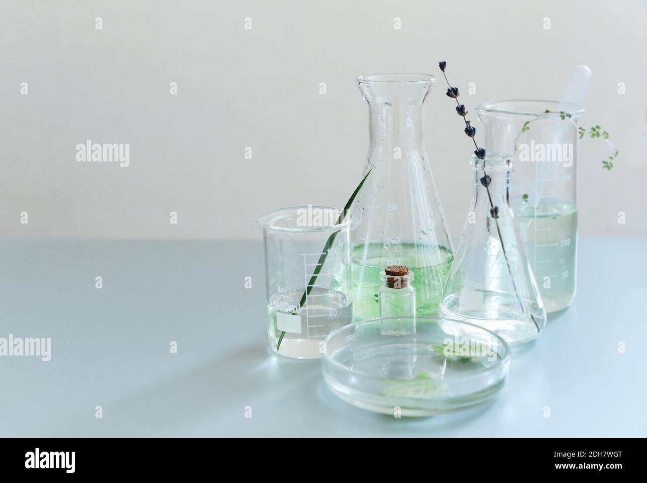 Différents flacons sur table en laboratoire Banque D'Images