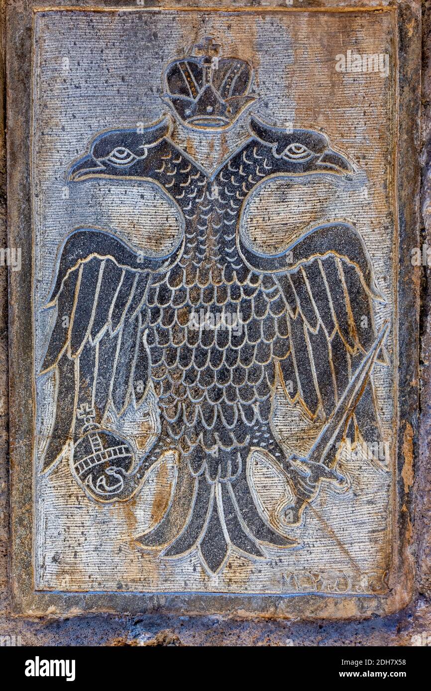 Aigle à double tête, le symbole le plus reconnaissable de l'orthodoxie. Symbole officiel de l'Empire byzantin tardif. Banque D'Images