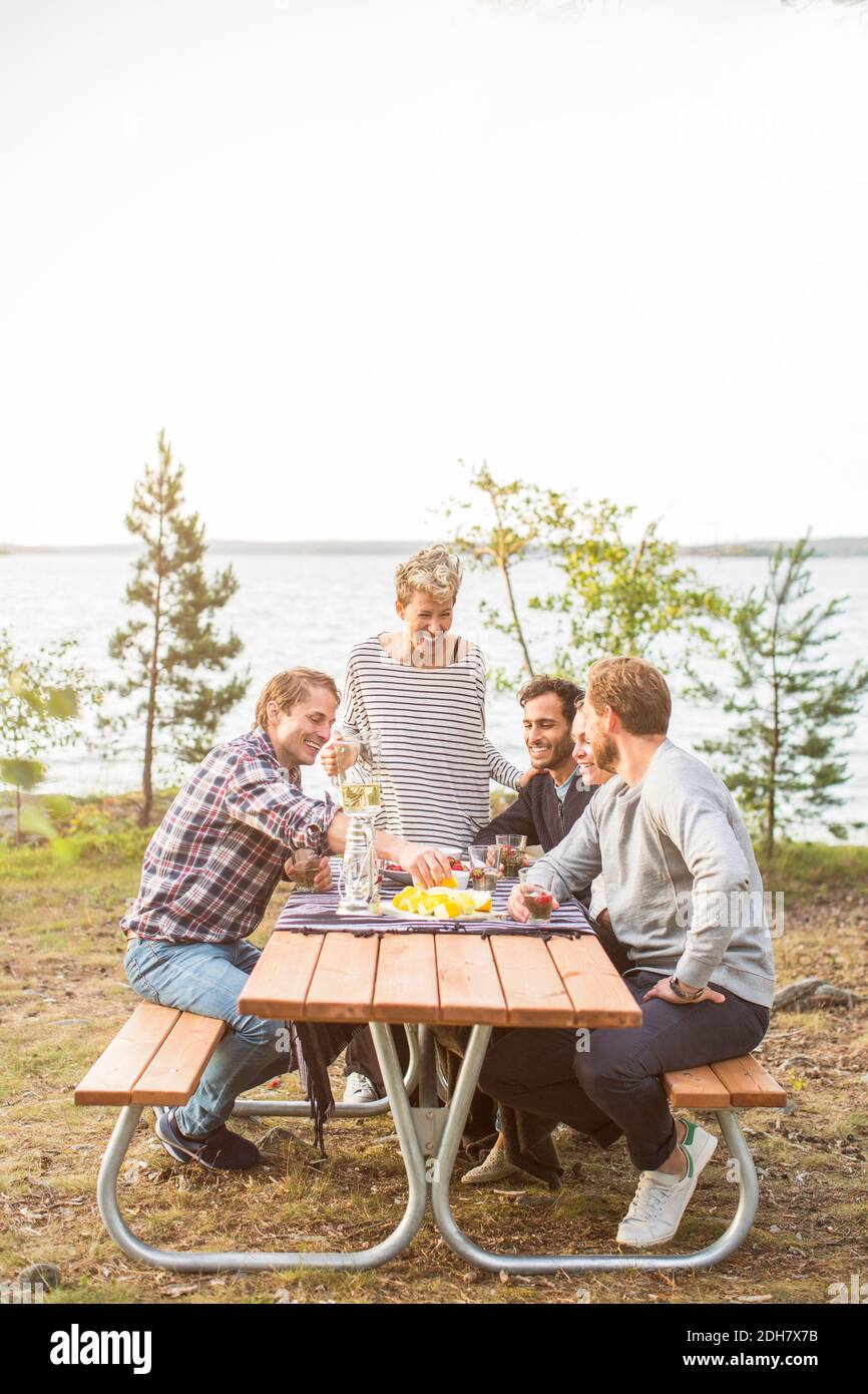 Des amis heureux prenant le déjeuner au bord du lac Banque D'Images