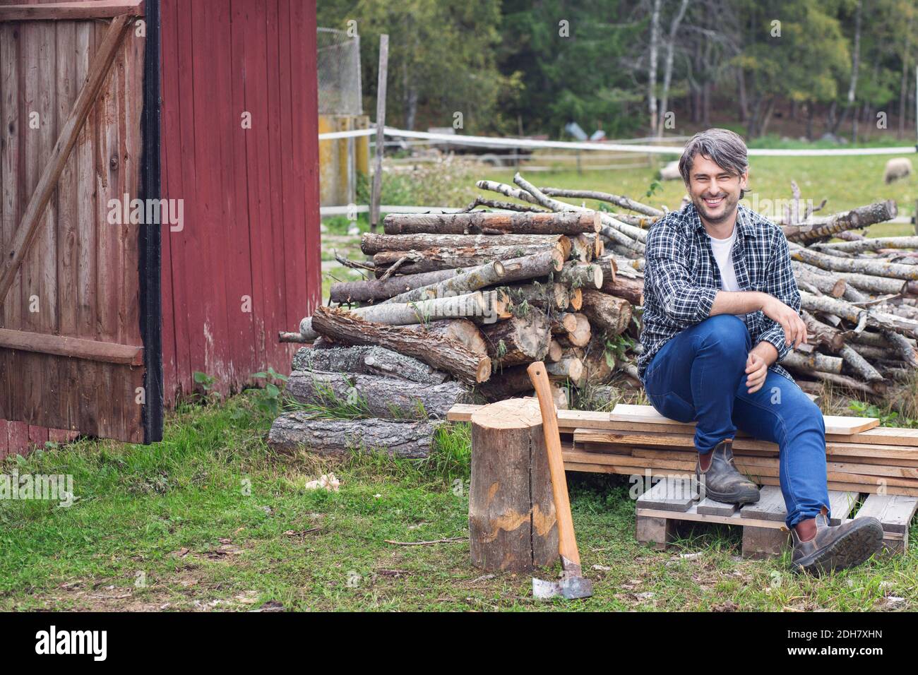 Portrait d'un homme assis sur des planches de bois contre du bois de chauffage empilé à la cour Banque D'Images
