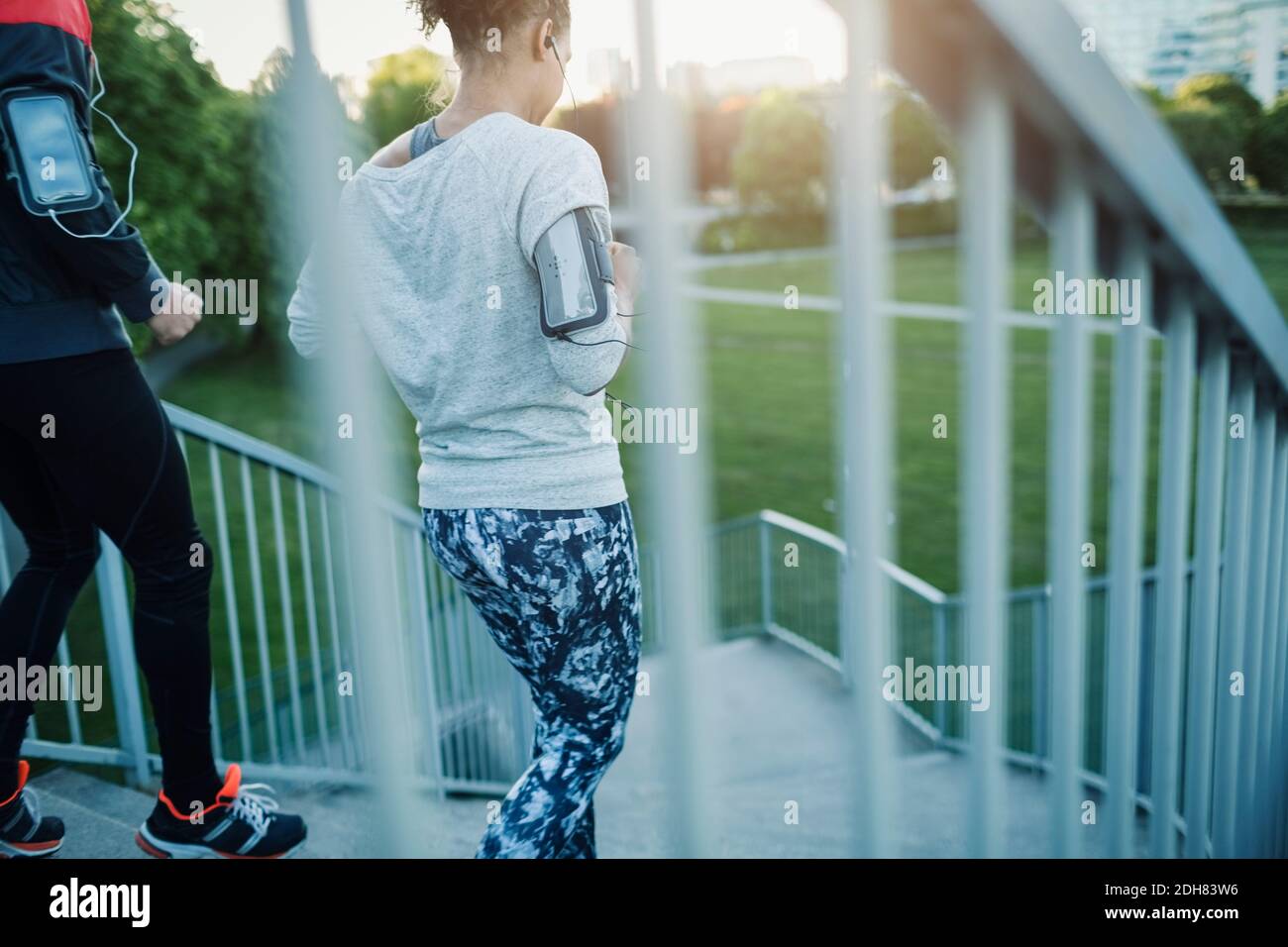 Des amis descendent sur l'escalier au parc Banque D'Images