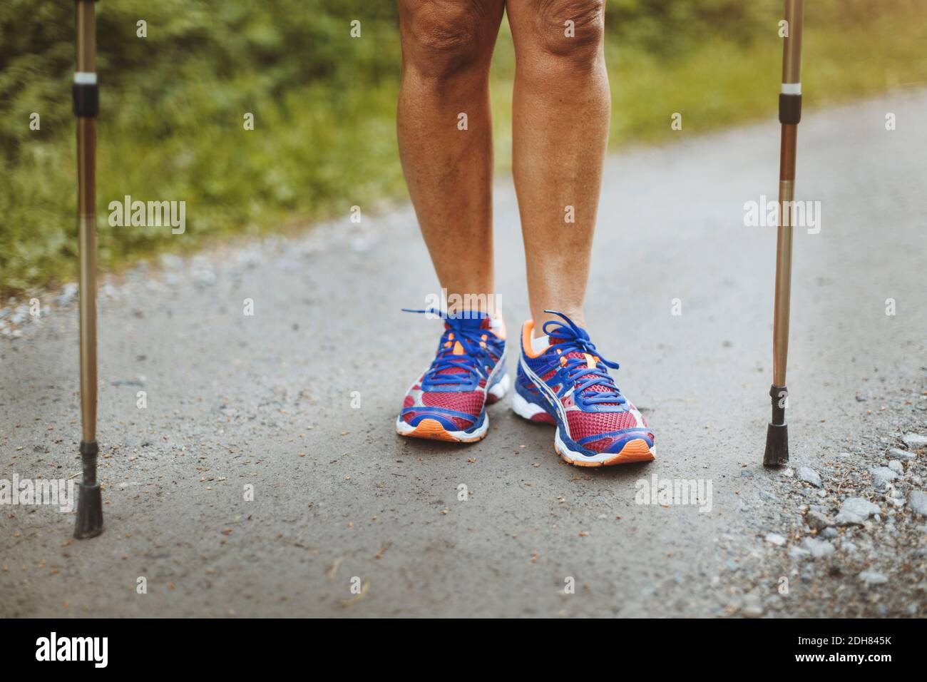 Section basse de la femme avec des bâtons de randonnée debout dans la rue Banque D'Images
