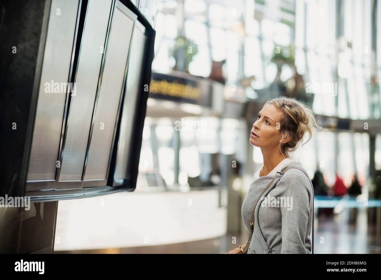 Vue latérale d'une femme d'affaires lisant le tableau des départs à l'arrivée à l'aéroport Banque D'Images