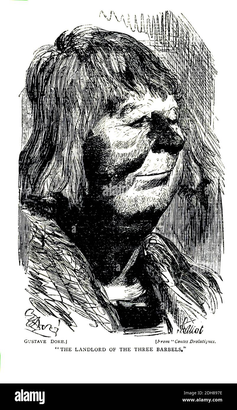 Le propriétaire des trois Barbels de Gustave Dore [Paul Gustave Louis Christophe doré (6 janvier 1832 – 23 janvier 1883) était un artiste français, un graveur, un illustrateur, un artiste de BD, un caricaturiste et un sculpteur qui travaillait principalement sur la gravure de bois]. D'après le livre caricaturistes anglais et humoristes graphiques du XIXe siècle : comment ils ont illustré et interprété leur époque par Everitt, Graham, auteur. Publié à Londres en 1886 Banque D'Images