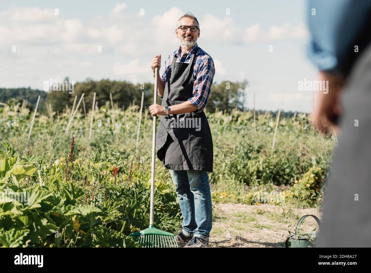 Agriculteur mature tenant une fourche de jardinage et debout avec un collègue à ferme Banque D'Images