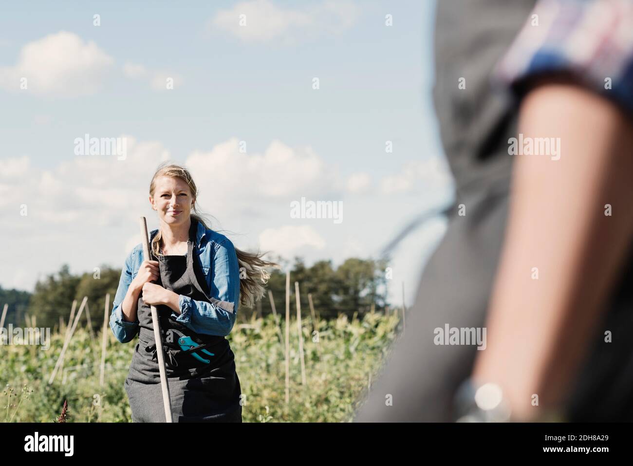 Agricultrice avec un collègue sur la ferme contre le ciel Banque D'Images
