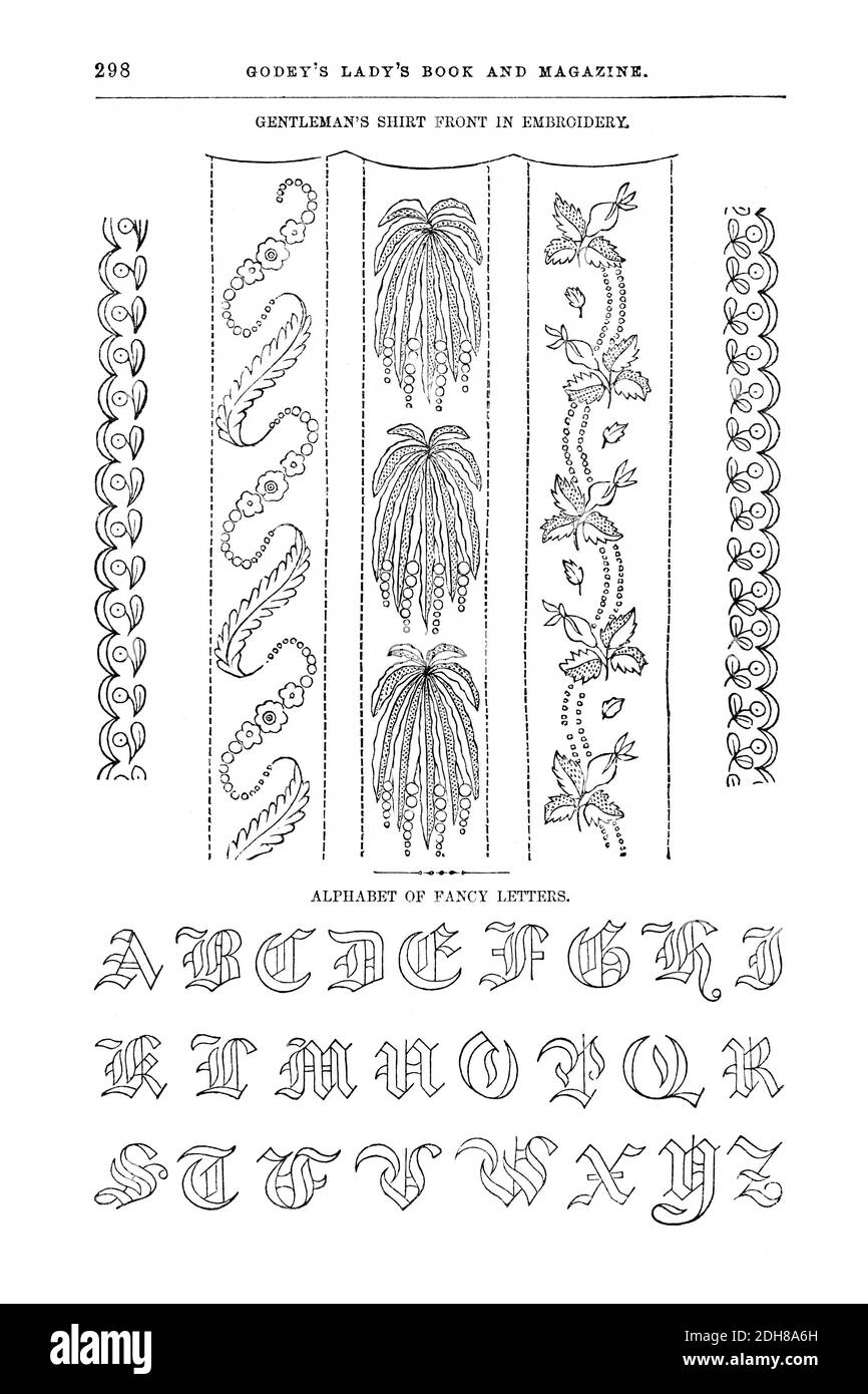 Motifs de broderie pour chemise de gentleman Godey's Lady's Book and Magazine, mars 1864, Volume LXIX, (Volume 69), Philadelphie, Louis A. Godey, Sarah Josepha Hale, Banque D'Images