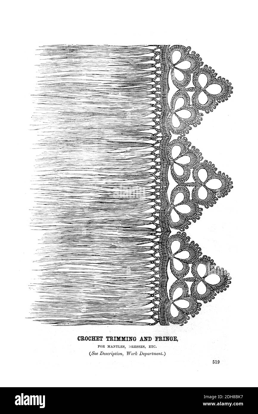 Découpage en crochet et travail à la main Fringe mode de Godey pour l'été 1864 de Godey's Lady's Book and Magazine, 1864 juin, Philadelphie, Louis A. Godey, Sarah Josepha Hale, Banque D'Images
