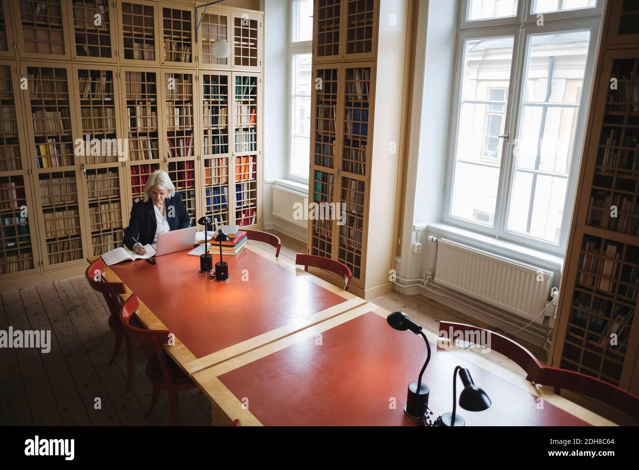 Femme senior qui fait des recherches à la table de la bibliothèque de droit Banque D'Images