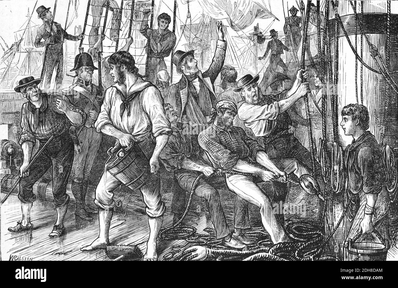 Scène de terrasse à bord, mains de pont français ou marins après une bataille navale pendant la Révolution française (Engr 1880 Ralston) Illustration ancienne ou gravure Banque D'Images