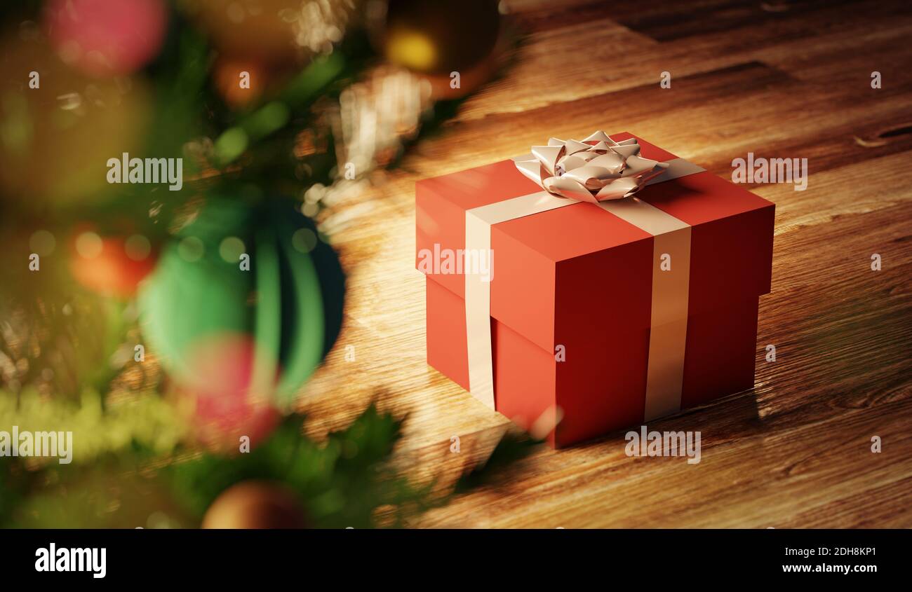 Une scène de noël festive avec un cadeau ou un cadeau enveloppé sous un sapin de noël. Arrière-plan de vacances de l'illustration 3D Banque D'Images