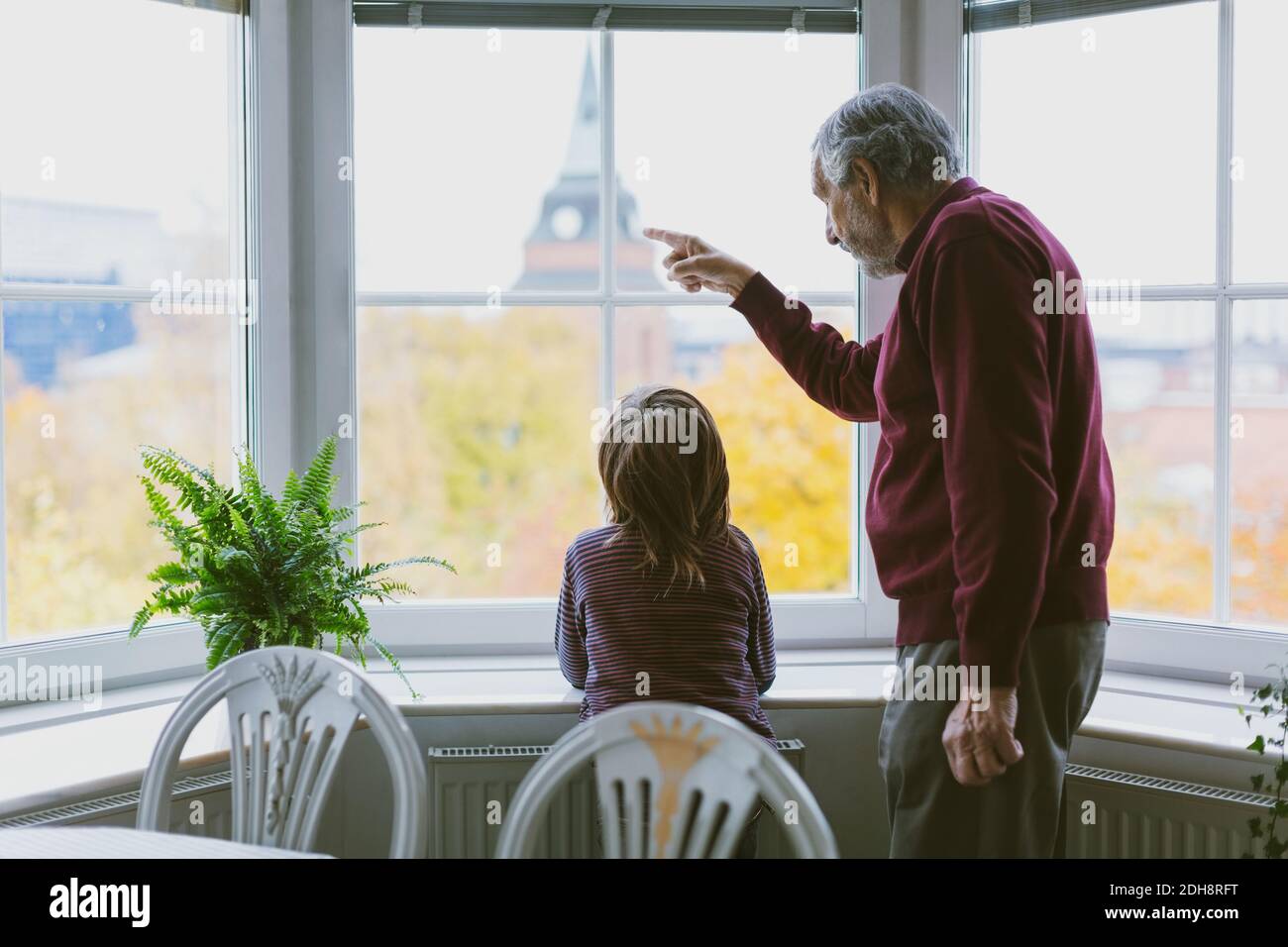 Vue latérale d'un homme âgé montrant quelque chose au grand petit-fils par la fenêtre à la maison Banque D'Images