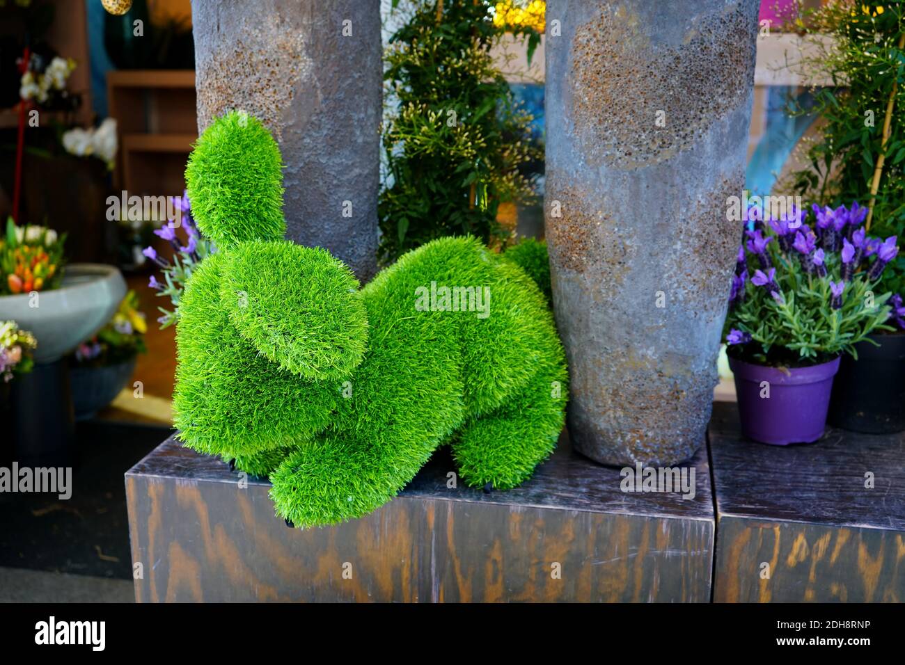 Décoration de Pâques colorée et unique devant un fleuriste. Lapin de Pâques en herbe verte. Banque D'Images