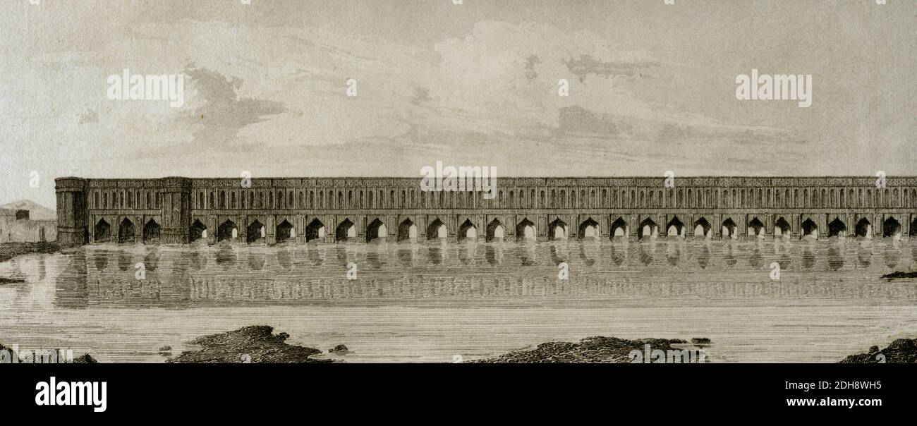 Perse, Ispahan. Le pont Allahverdi Khan, également appelé si-o-se-Pol. Il a été construit sur le fleuve Zayanderud, entre 1599 et 1602 sous le règne d'Abbas I. sa construction a été supervisée par Allahverdi Khan Undiladze, commandant en chef des armées. Gravure par Lemaitre. Détails. Panorama universel. Histoire de la Perse, 1851. Banque D'Images