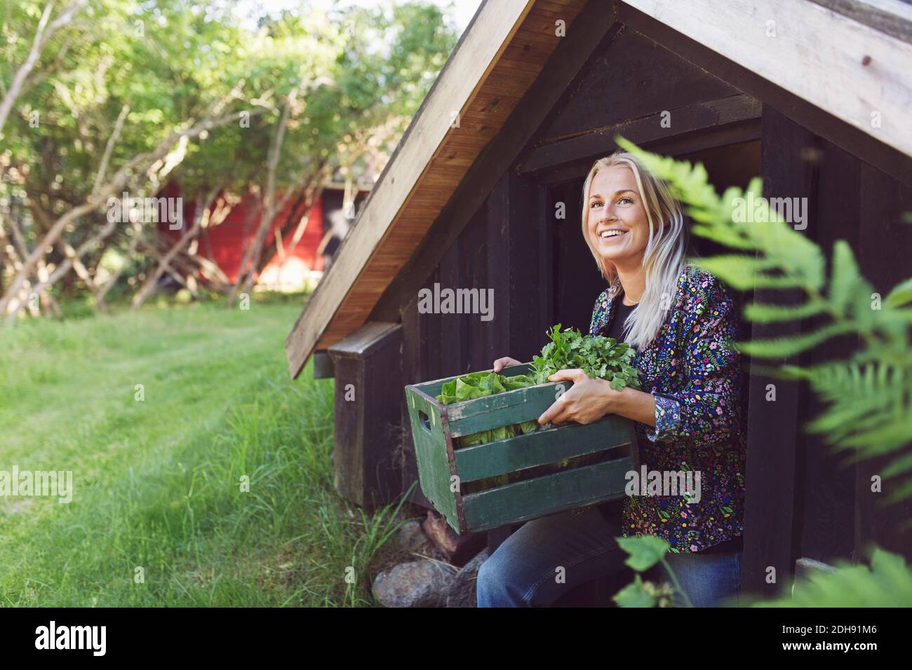 Femme souriante portant une caisse de légumes en sortant du cottage Banque D'Images