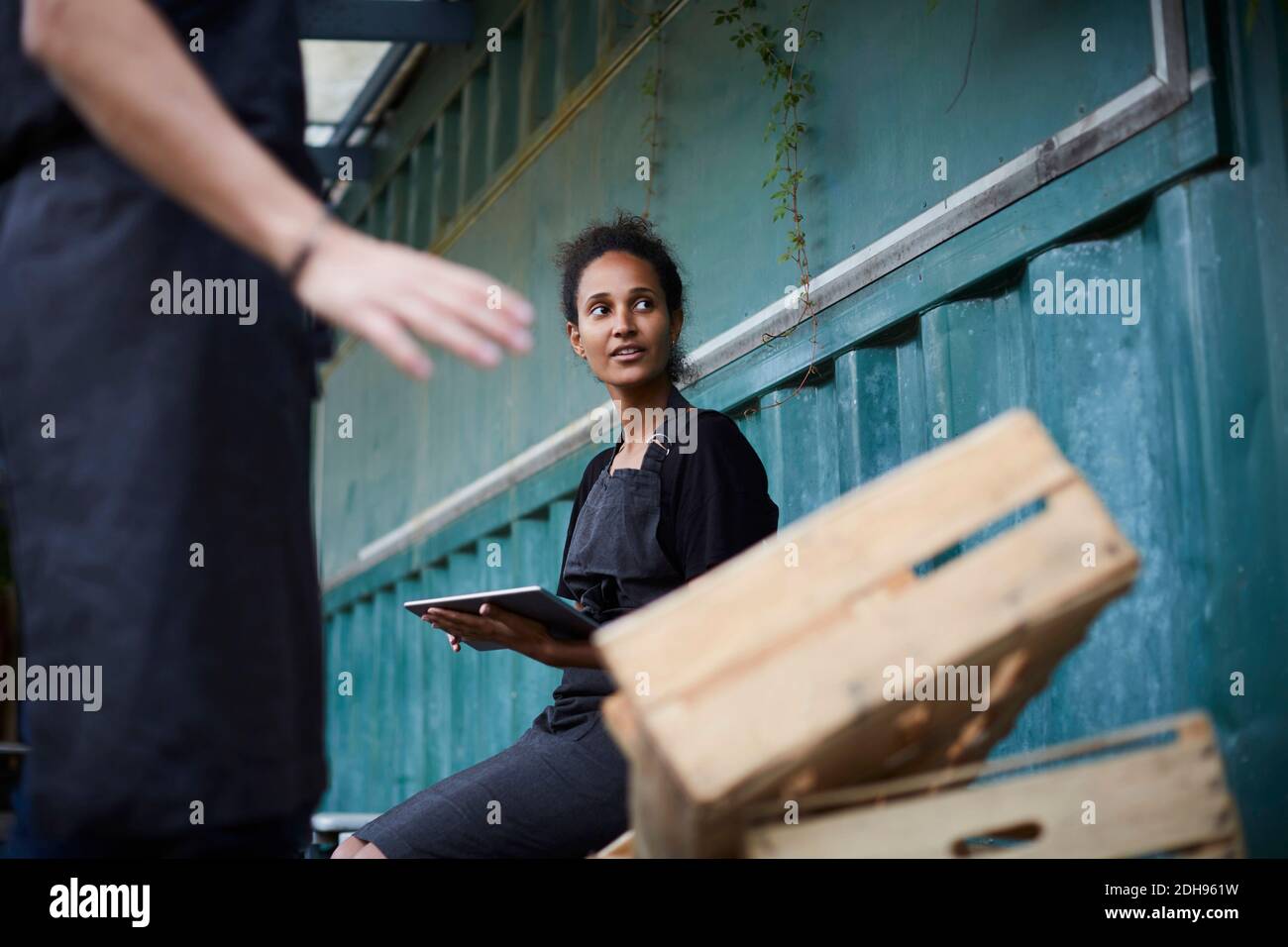 Femme jardinière tenant une tablette numérique tout en faisant des gestes par des caisses Banque D'Images